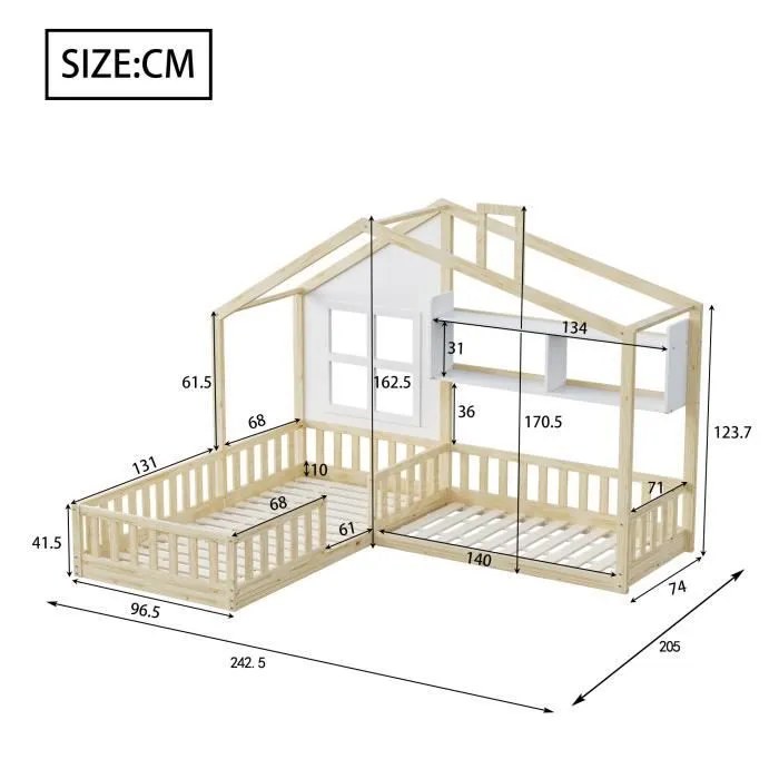 Lit cabane - Enfant - 90x200cm - Bois massif - 2 places - Avec étagères-3