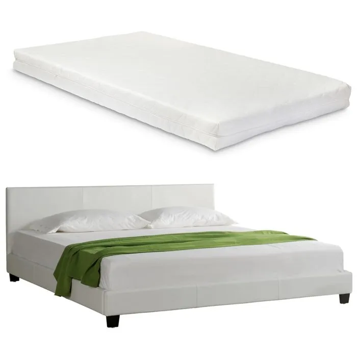 Lit Double Rembourré Albacete Similicuir avec Matelas 160 x 200 cm Blanc Corium-1