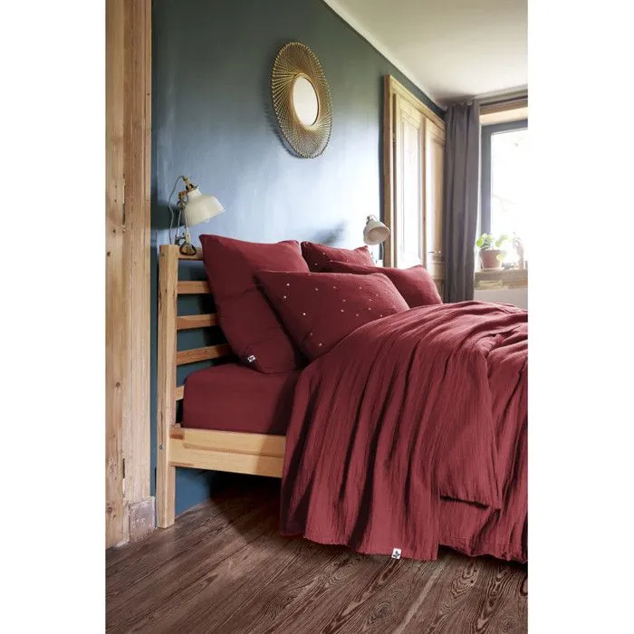 Parure de draps 5 pièces 1 Drap plat 240 x 300 + 1 Drap housse 160 x 200 + 2 Taies 60 x 60 + 1 Taie de Traversin Gaïa Lie de Vin-0
