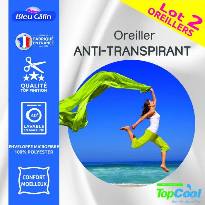 Lot de 2 oreillers Anti transpirant Topcool 60 x 60 cm "Bleu Calin"-0