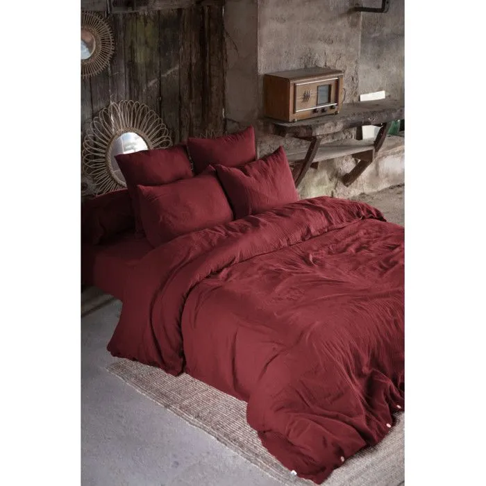 Parure de draps 5 pièces 1 Drap plat 240 x 300 + 1 Drap housse 160 x 200 + 2 Taies 60 x 60 + 1 Taie de Traversin Gaïa Lie de Vin-1