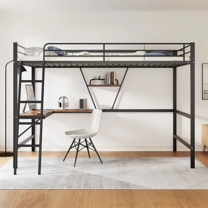 Lit mezzanine - DREAMMESPACE - 90x200cm - Métal - Bureau en L - Noir-0