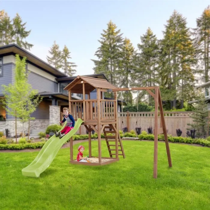 AXI Beach Tower Aire de Jeux avec Toboggan en vert clair, Balançoire & Bac à Sable | Grande Maison enfant extérieur en marron-1