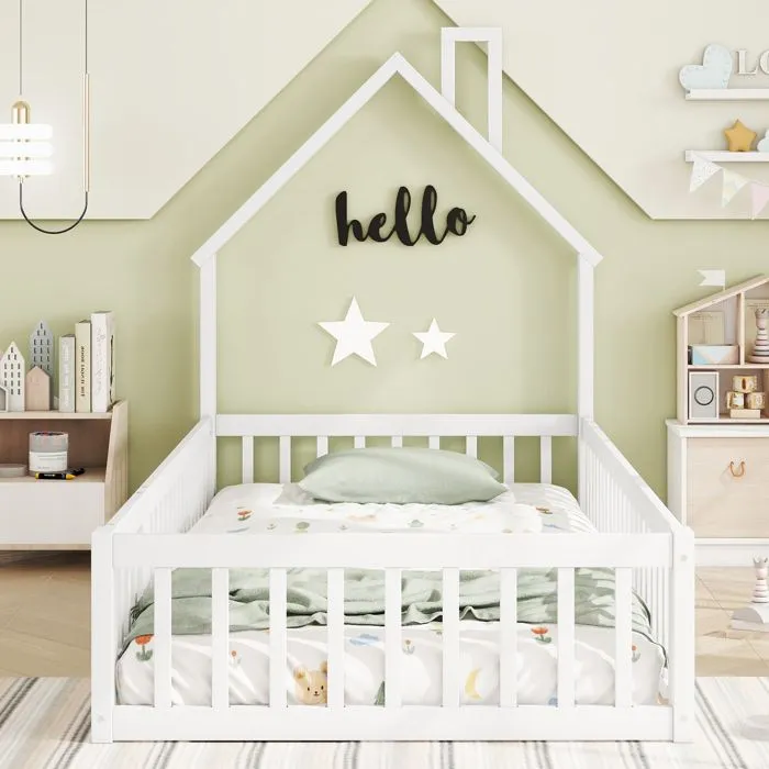 Lit enfant 90x200cm - Lit cabane - en bois massif - avec sommier à lattes - Blanc-1