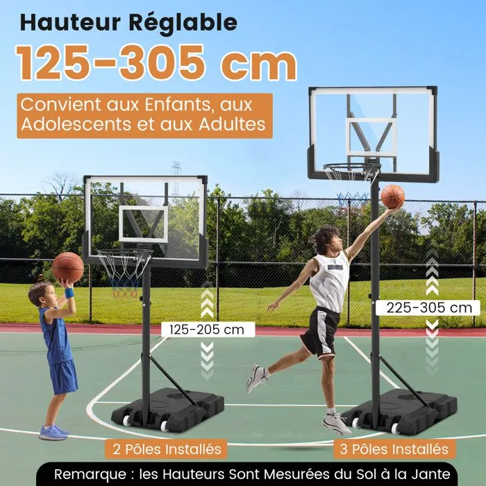 Panier de Basketball sur Pied COSTWAY-Hauteur Réglable 125-305cm-Panneau Arrière-Base Remplissable-2 Filets-pour Piscine, Jardin-1