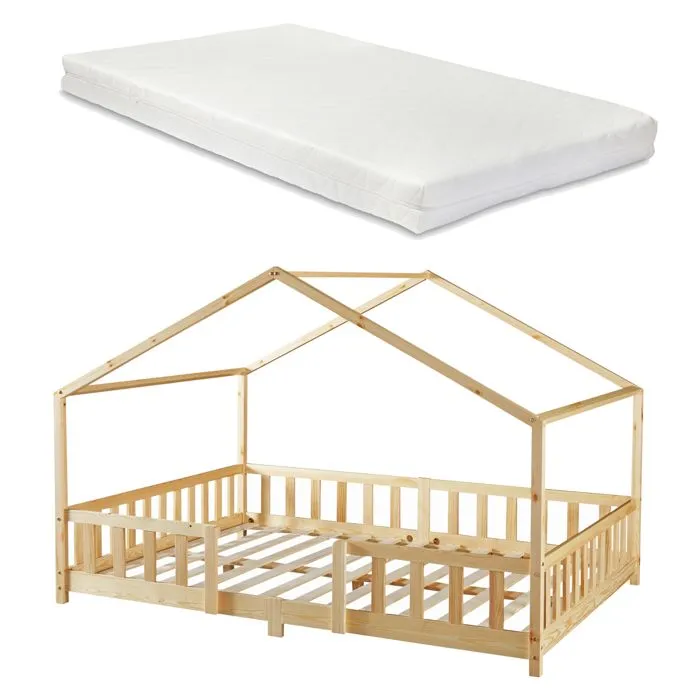 Lit d'enfant Treviolo Forme Maison avec Matelas à Mousse à Froid 200 x 140 cm Naturel-1
