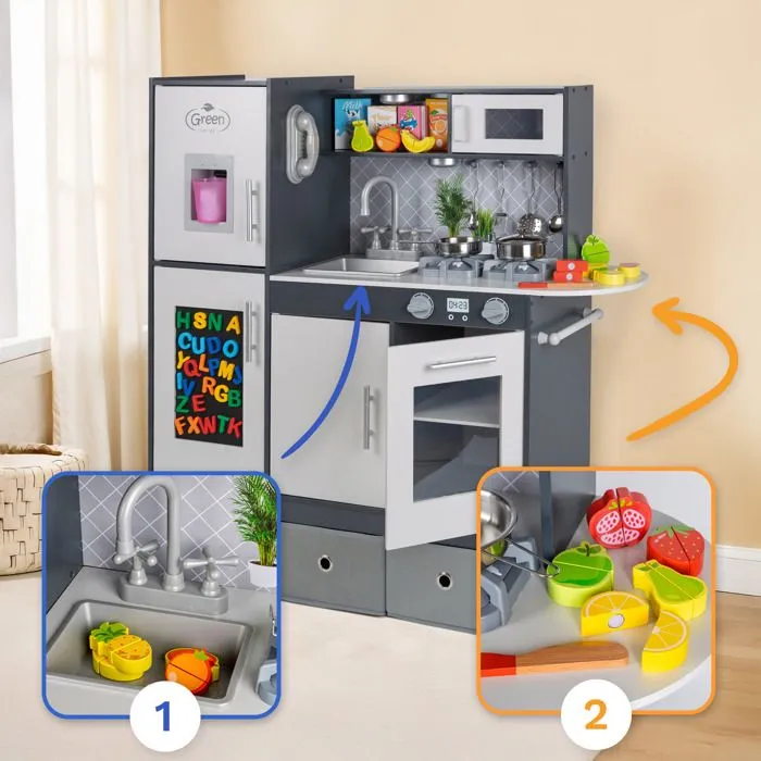 Kinderplay Grande Cuisine Enfant en Bois - Accessoires, éclairage LED, Hauteur de 83 cm, Couleur Grise, GS0057-1-2