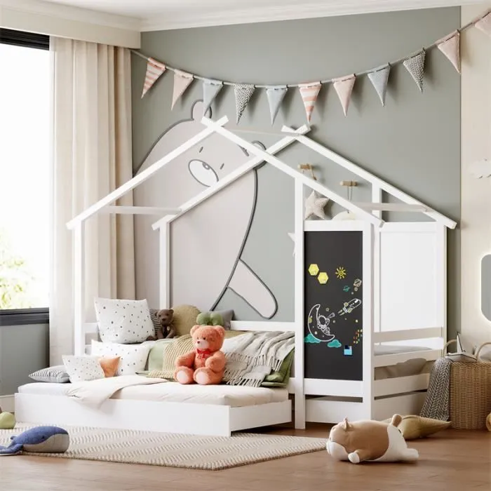 Lit cabane - DREAMMESPACE - 90x200 cm - Blanc - 1 petit tiroir - 1 grand tiroir-0