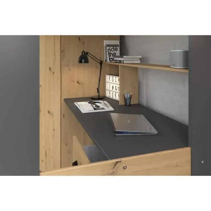 Lit combiné mezzanine enfant PARISOT HIGH - Chêne et gris - Sommier inclus - 90 x 200 cm-7