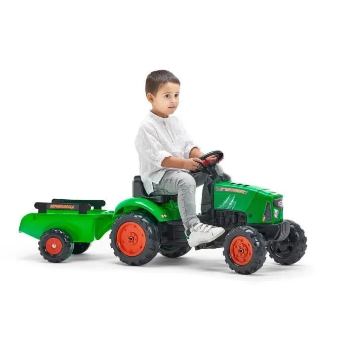 Tracteur à pédales Supercharger rouge FALK avec capot ouvrant et remorque-1