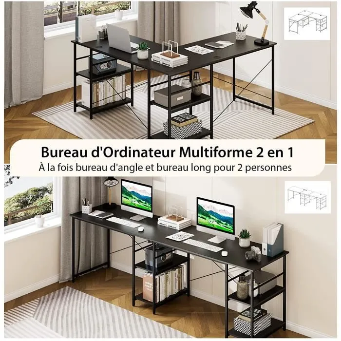 COSTWAY Bureau d'Angle - 151 x 151 x 75 CM - Ajustable à Bureau Droit,4 Etagère de Rangement,Grand Table pour 2 Personnes Noir-1