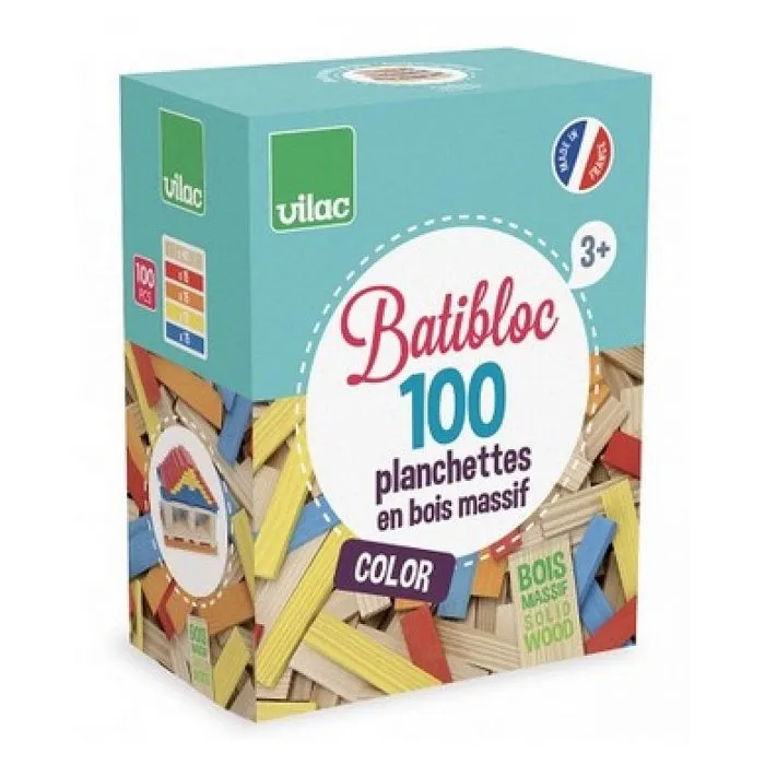 Jeu de construction VILAC Batibloc color - 100 planchettes en bois massif colorées-3