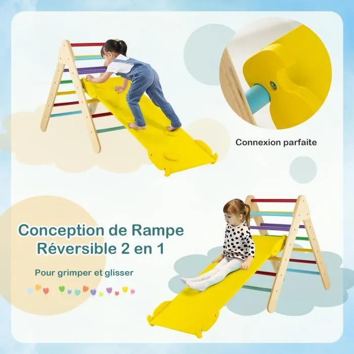 COSTWAY 3 en 1 Triangle d'Escalade Enfant en Bois, Rampe Double Face à Angle Réglable pour Grimper et Glisser, Multicolore-1
