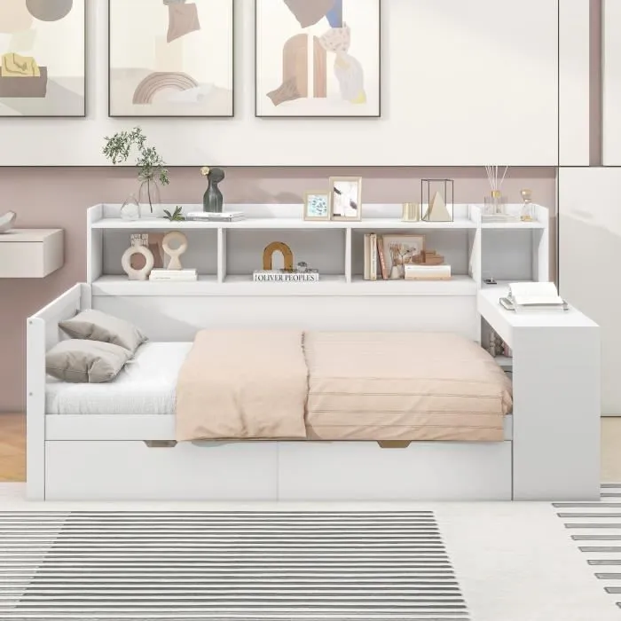 Canapé-lit - Canapé-lit méridienne - 90x200 cm - 2 tiroirs - Bureau avec port USB - Blanc-1