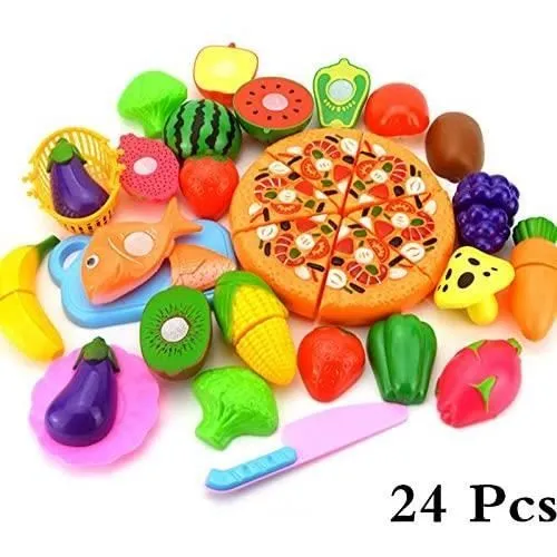 Lot de 24Pcs Jeu D'imitation Coupe Fruits Légumes Jeu Enfants Kid Jouet éducatif a decouper de Cuisine Pizza pour Les Enfant a la M-2