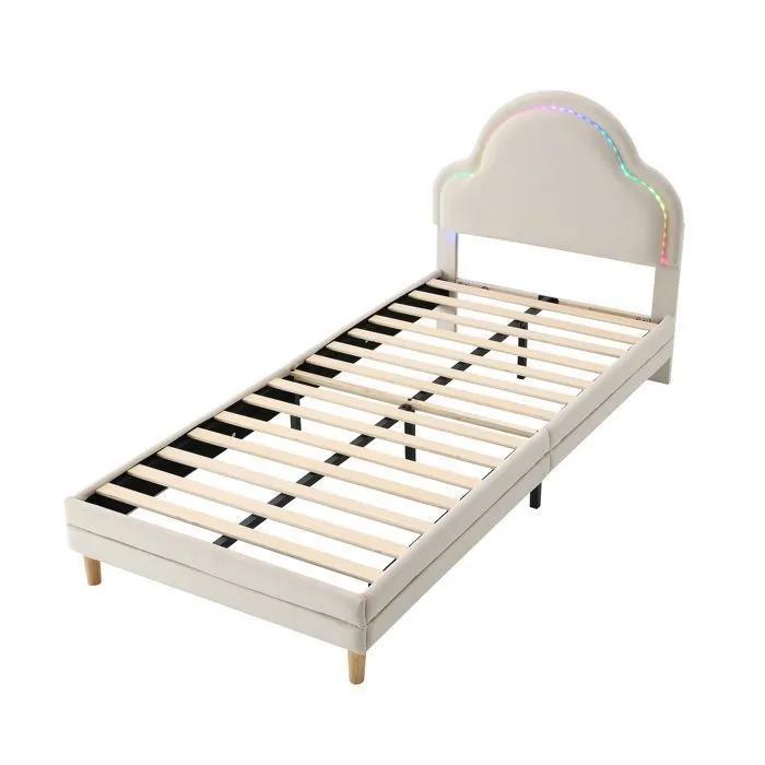 Lit simple enfant - Beige - 90x200 cm - Design nuage avec LED - Structure en bois - 1 place-5