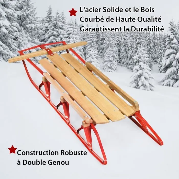 COSTWAY Luge en Bois 137cm Patins en Acier,Barre de Direction pour Neige Charge 150KG Adaptées aux Adultes et Enfants de 5 Ans+-1