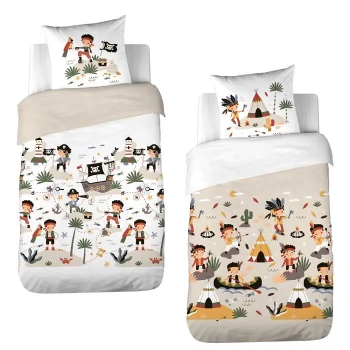 Parure de lit bi-Histoire 140x200 cm Enfant - Housse de Couette + 1 Taie d'oreiller Motif Indien et Pirate Beige et Blanc – Coton-0