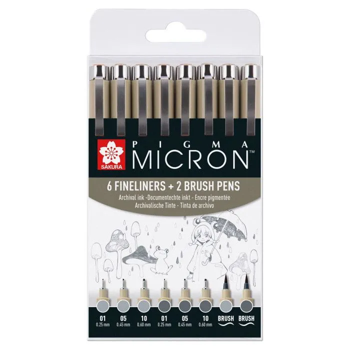 8 feutres - Gris - Dessin - Esquisse - Manga - Plusieurs mines - Sakura - Pigma Micron-0