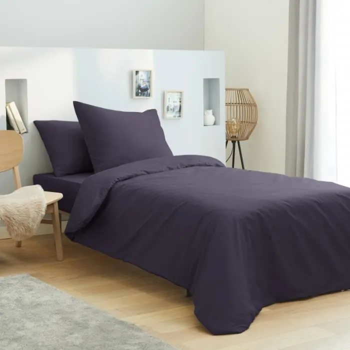 Housse de couette 140 x 200 unie Pour lit 1 place en 90 x 190 cm. 100% Coton - 57 Fils-cm² Prune-0