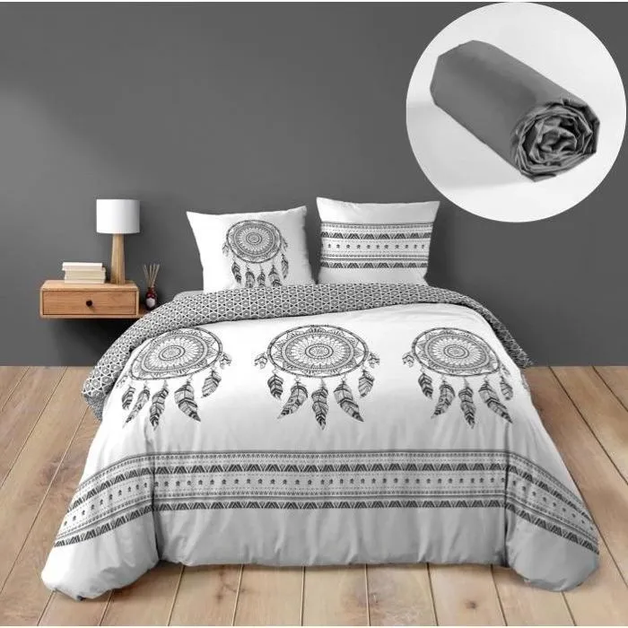 Pack housse de couette 240 x 220 cm "Indian Dream" + drap-housse 140 x 190 cm gris-0