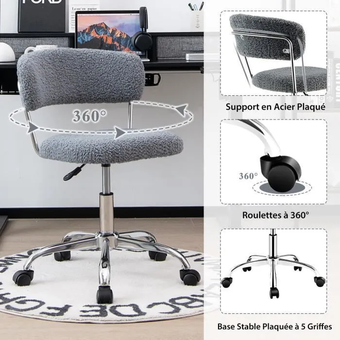 COSTWAY Chaise de Bureau Scandinave, Siège Doux en Poils Synthétiques de Lama,Réglable en Hauteur Gris-2