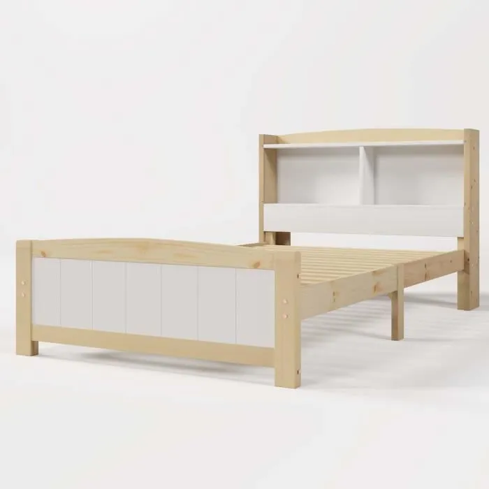 Lit enfant 90x200 cm, lit simple en bois massif avec espace de rangement, sommier à lattes, naturel + blanc-2