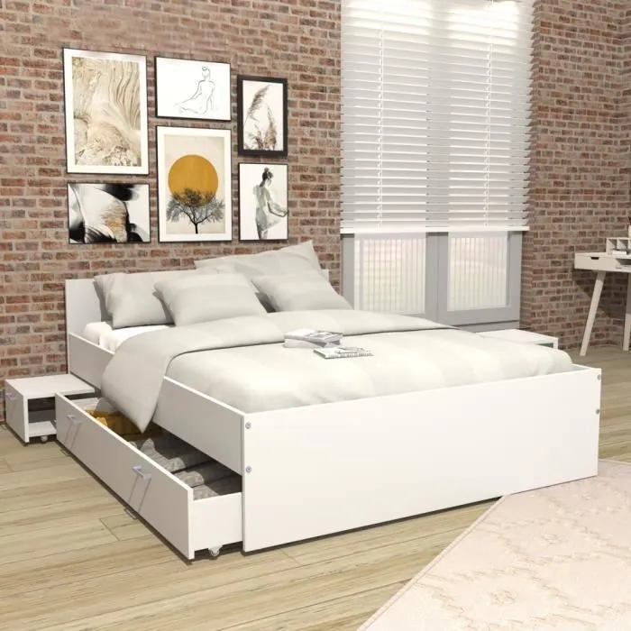 Lit TWIST 140x190 + 2 chevets + 1 tiroir / Blanc 194x144x65 cm-0