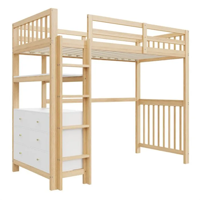 Lit mezzanine - Gutent - 90x200cm - Échelle de sécurité - Tiroirs intégrés - Bois + blanc-5