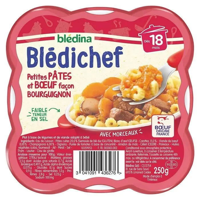 BLEDICHEF Petits pâtes et bœuf façon bourguignon - 250g - Dès 18 mois-0