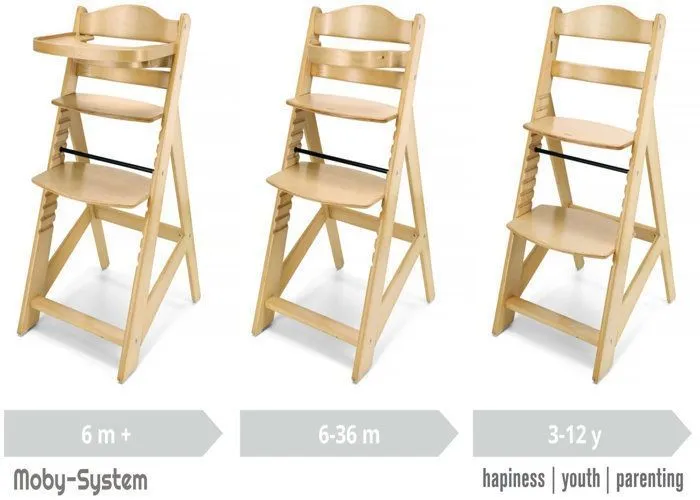 Moby-System Chaise Haute Bébé +6 mois ÉVOLUTIVE | 12 Réglages du Siège | Table Détachable Coussins & Ceinture 3 points -Bois Massif-1