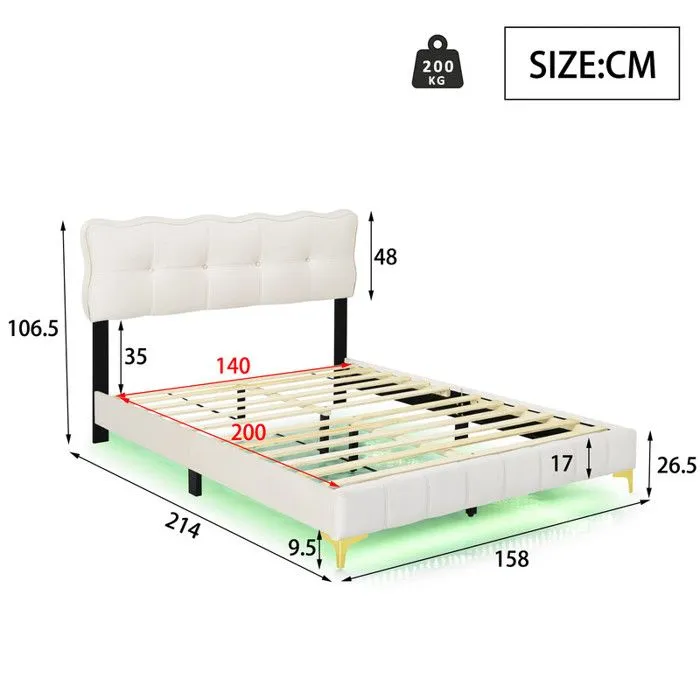 Lit rembourré 140 x 200 cm, avec éclairage LED, style moderne, avec sommier à lattes, beige (sans matelas)-3