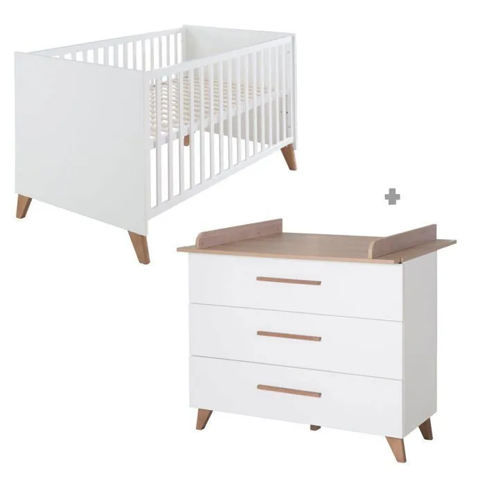 Chambre Bébé Duo ROBA - Ole - Lit Évolutif 70x140 cm + Commode à Langer avec Plan à Langer Amovible - Blanc - Chêne Foncé-0