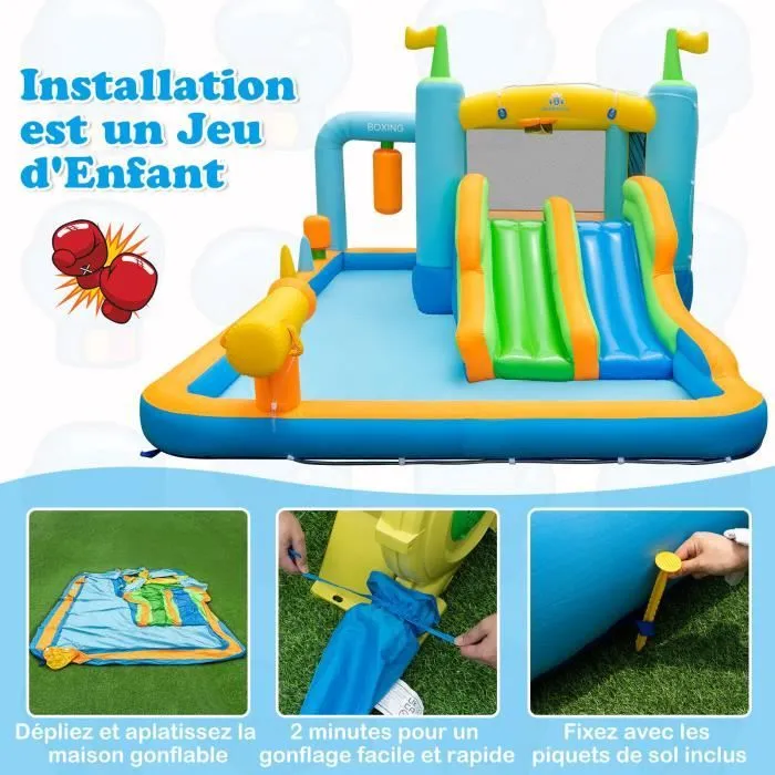 COSTWAY Château Gonflable-Toboggan Aquatique Géant pour Enfants, avec Souffleur, Canon à Eau et Sac de Sable de Boxe, 503x348x228cm-2