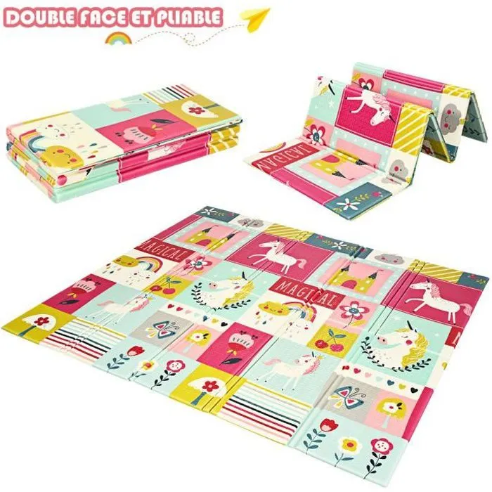 COSTWAY Tapis de Jeu Pliable pour Bébé 200x180x1,4CM avec Image Licorne et Poney en Mousse XPE Non Toxique Antidérapant Double Face-0