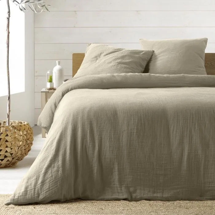 Parure de lit 240 x 220 cm double gaze coton uni 57 fils Angelia Sable-0