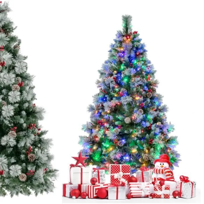 COSTWAY Sapin de Noël Artificiel 185cm avec 350 Lumières LED,11 Modes d'Eclairage 55 Pommes de Pin et 55 Baies Rouges 747 Branches-0