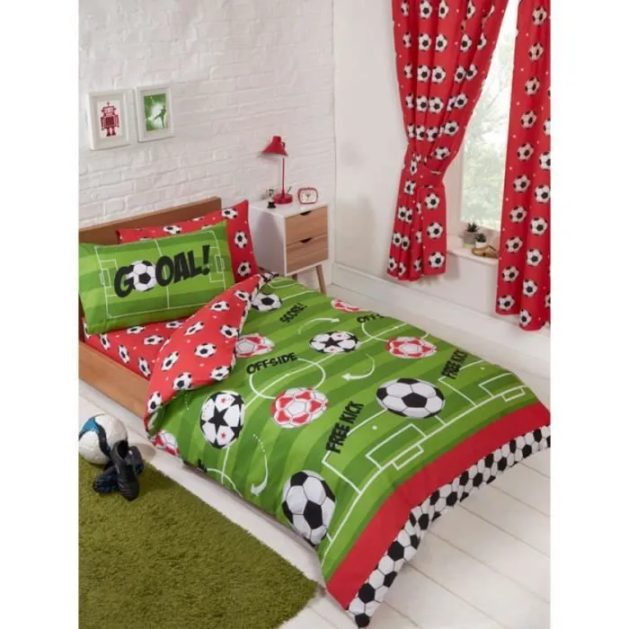 Parure de couette Football Rouge - Marque - Modèle - Housse de couette simple - Taie d'oreiller - Motif Football-1