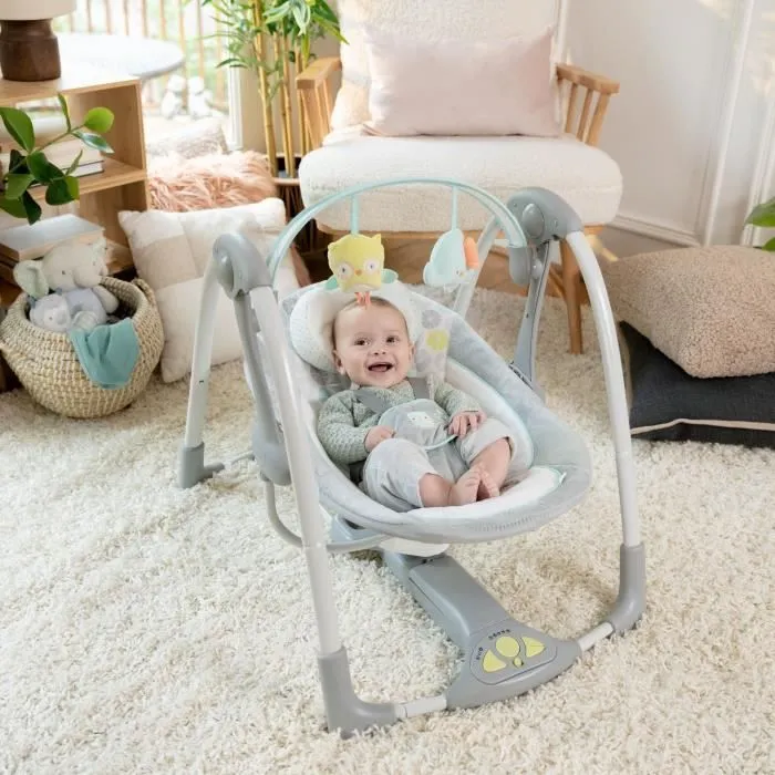 INGENUITY Balancelle Compacte Swing and Go Hugs & Hoots- Arche avec jouets amovible, 5 vitesses de balancement, mélodies-1
