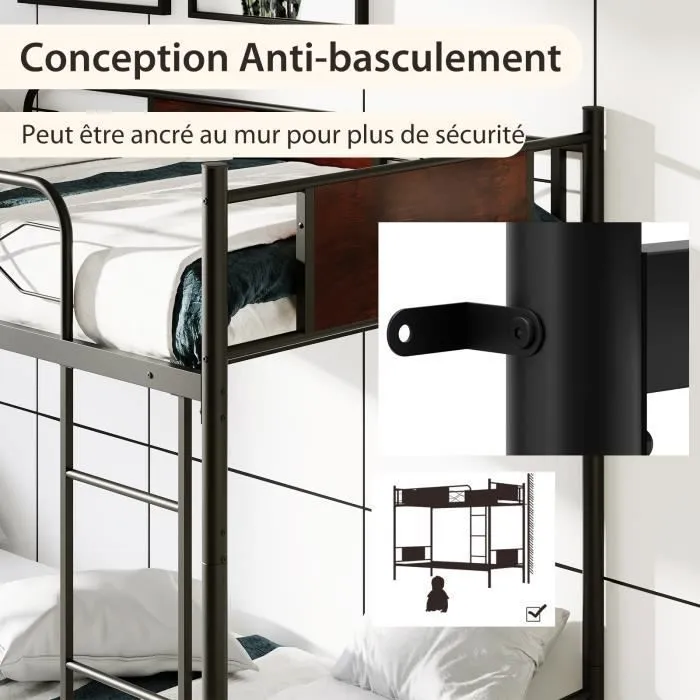 COSTWAY Lit Superposé Séparable en Métal Enfant/Adulte - 90x190CM - Échelle, Garde-corps de Sécurité, Dispositif Anti-basculement-2