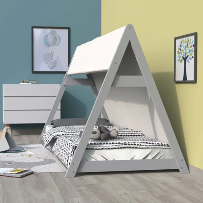Lit cabane Tipi 90x200 cm avec sommier et toile - WEBER INDUSTRIES - Enfant - Gris-2