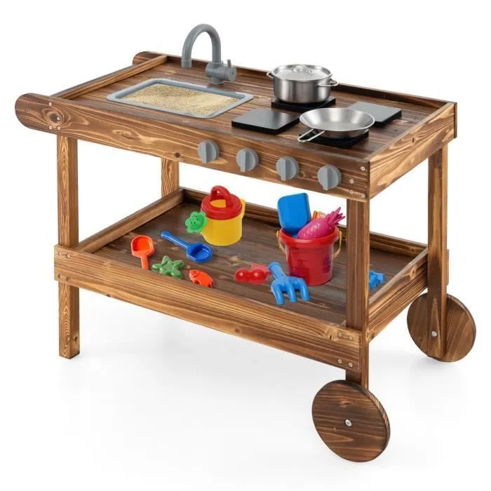 Cuisine Enfants en Bois de Sapin COSTWAY avec Roues et Poignée de Poussée,Boutons Réalistes avec Poêle,Casserole et Couvercle-0