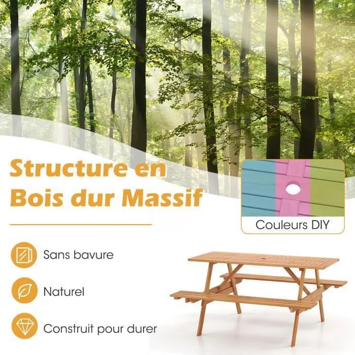 COSTWAY Ensemble Table de Pique-Nique et 2 Bancs, 6 Personnes, en Bois, Trou pour Parasol, Conception à Lattes, Charge Total 230 KG-2