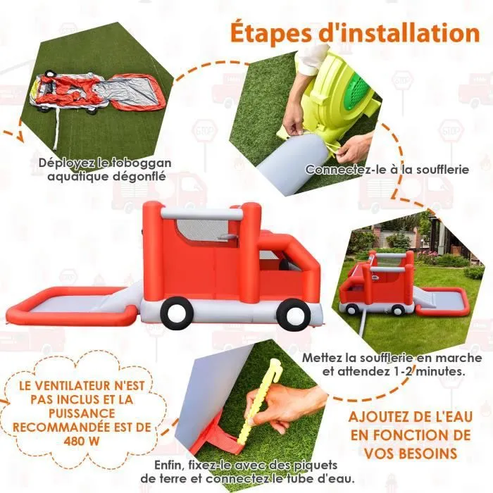 COSTWAY Toboggan Aquatique Gonflable avec Gonfleur 480W Piscine à Eclaboussures sur Thème Voiture de Pompiers Ballon de Basket-2