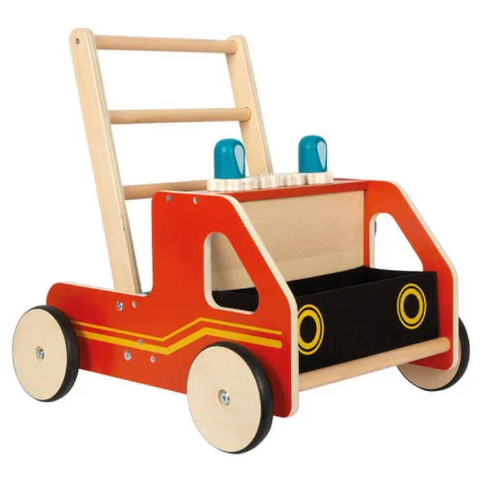 Chariot de marche en bois - Small foot company - Pompiers - 12 mois - Panier en feutre - Freinage intégré-0