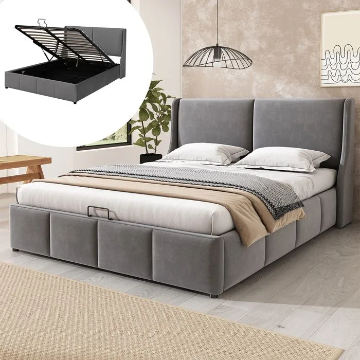 Lit coffre adulte 180x200 cm, sommier à lattes et espace de rangement, forme d'oreille lit double, gris-0