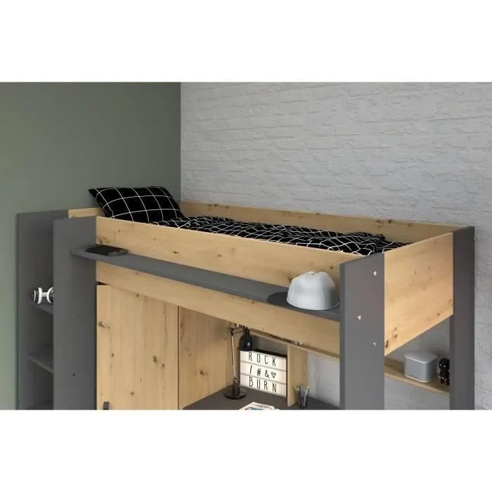 Lit combiné mezzanine enfant PARISOT HIGH - Chêne et gris - Sommier inclus - 90 x 200 cm-6