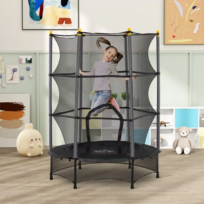 Trampoline Enfant HOMCOM Ø 1,40 × 1,90H m Filet de sécurité Porte zipée Couvre-Ressorts 6 poteaux rembourrés Inclus Noir-1