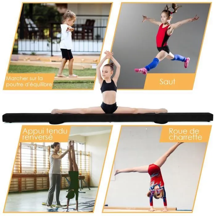 COSTWAY Poutre de Gymnastique Pliable 210cm pour Enfants avec Poignées de Transport 4 Patins Antidérapants Couverture en Daim Noir-3