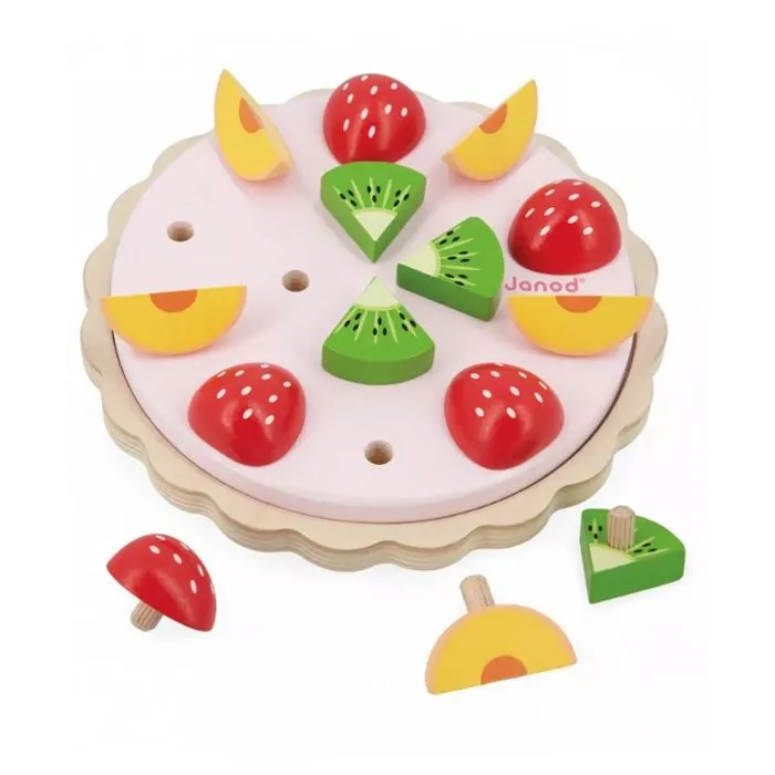 Jouet d'imitation en bois - JANOD - Tarte aux fruits - 1 fond de tarte - 5 pêches - 5 fraises - 4 kiwis-1